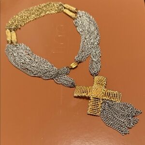 Vtg Two-Tone Gold and Silver Chucky Cross Tassel Necklace